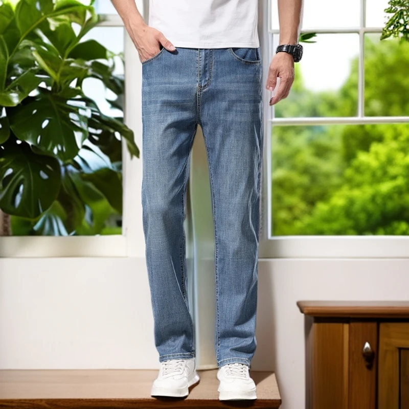 娜罗普西复古蓝牛仔裤男士夏季时尚天丝商务百搭外穿宽松直筒长裤