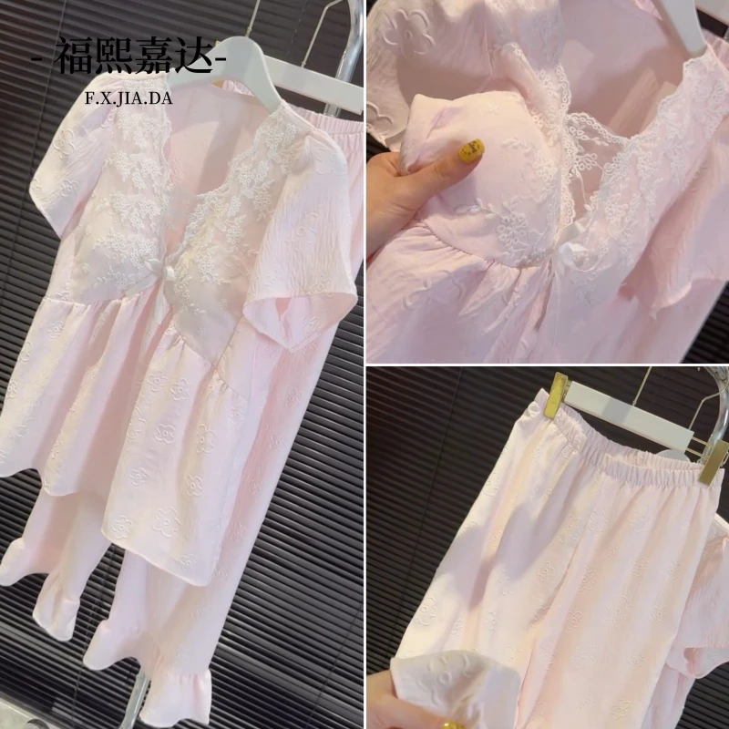 爆款带胸垫睡衣女春夏2025新款甜美公主风压花蕾丝性感家居服套装
