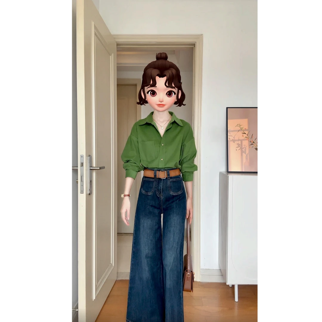 2025早秋新款港风复古显白长袖灯芯绒衬衫上衣配高腰显瘦阔腿裤女