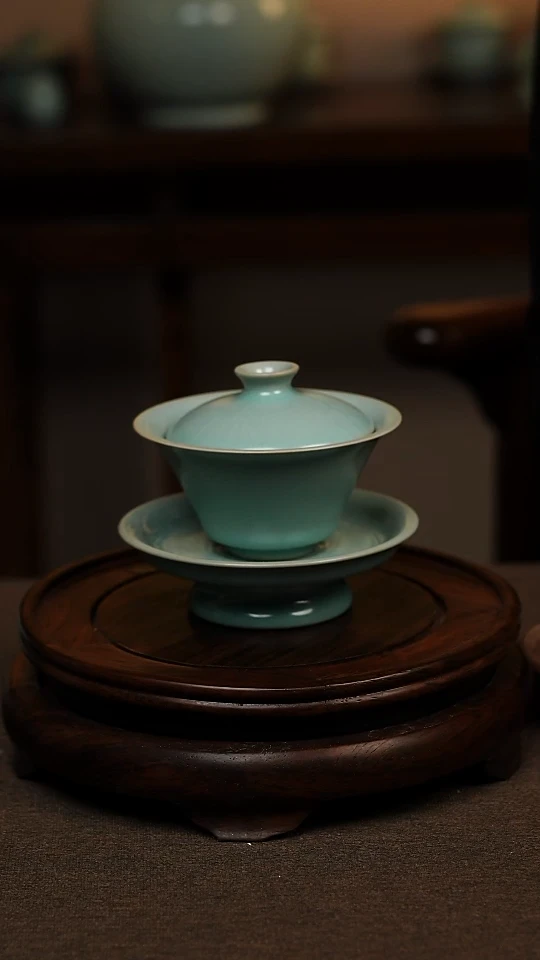 瓷片仿古青绿釉全手工三才斗笠盖碗100ml 一级礼盒包装