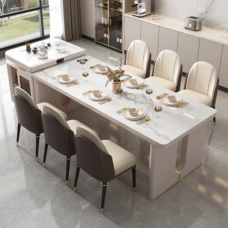 岛台餐桌一体可伸缩岩板多功能带电磁炉家用轻奢现代简约导台茶桌