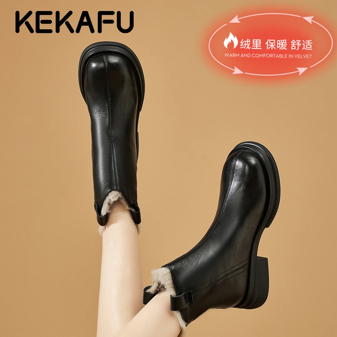 珂卡芙皮毛一体厚底切尔西短靴女2025秋冬新款真皮加绒棉靴瘦瘦靴