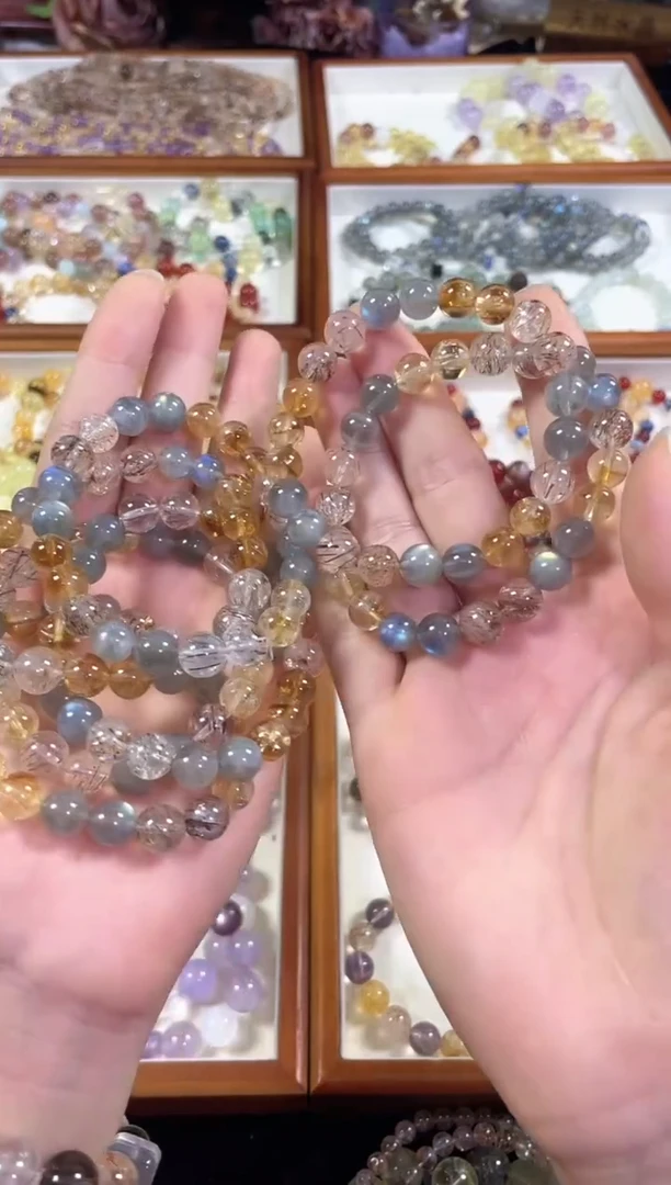未镶嵌手串水晶月牙】天然黑金超七灰月光黄塔晶手串多样发一