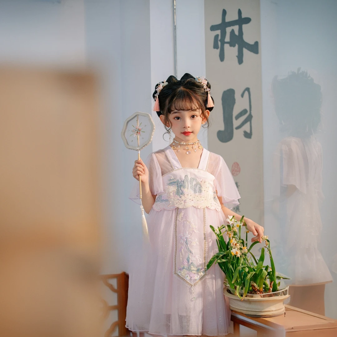 (RAINBOW25年夏)儿童夏季新款国风刺绣珍珠网纱连衣裙90071