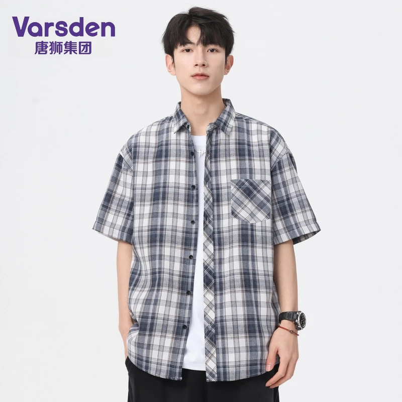 唐狮集团Varsden夏季格子短袖衬衫男士日系工装痞帅学生百搭外套