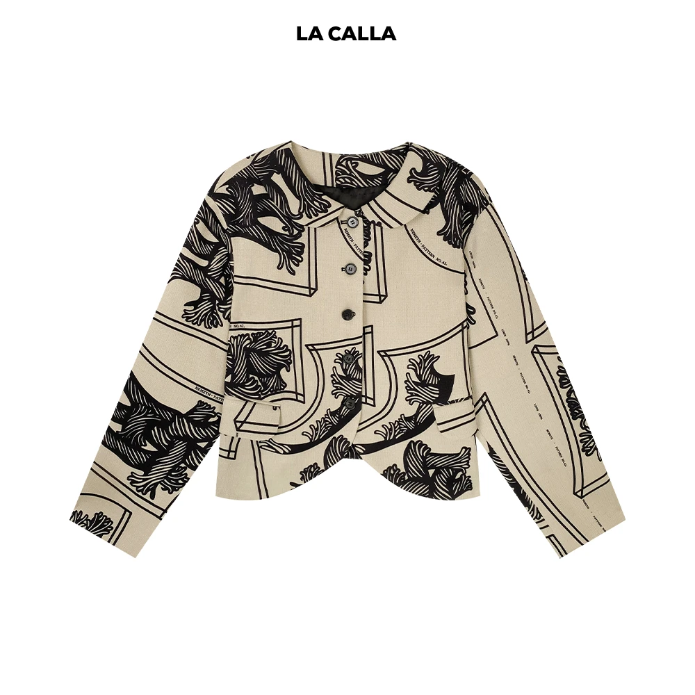 LA CALLA扭结娃领花色设计师时尚满印经典外套L51-1747