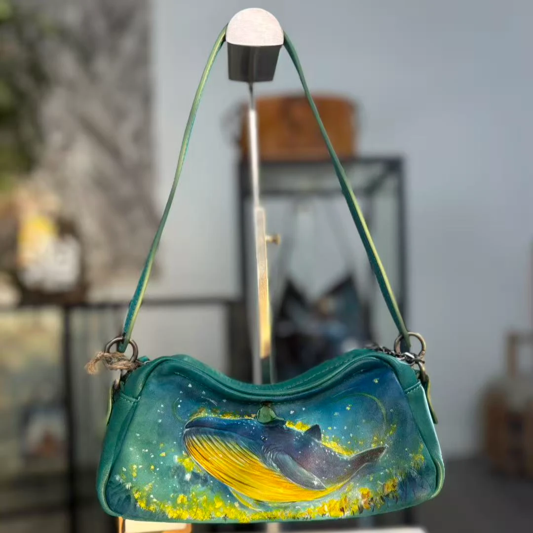 原创手工彩绘手提包真皮女包云朵包女包休闲斜挎包单肩包女士包包