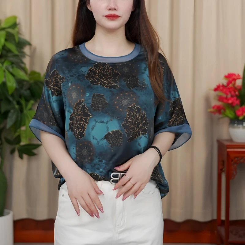 圆领短袖显瘦t恤女士2025夏季新款宽松大码印花时尚韩版百搭上衣