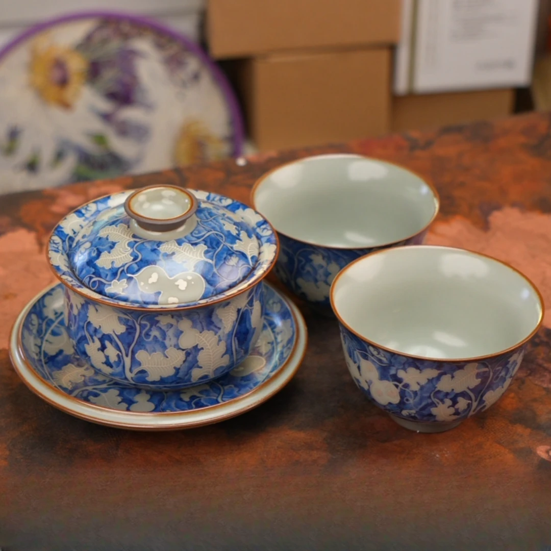 颜荣聪老师青花葫芦布袋三才盖碗 A13730 A13726