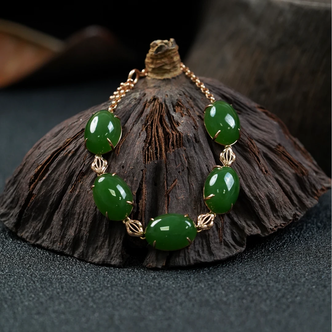 【石缘居珠宝】18K金镶嵌和田玉碧玉佩戴时尚大气蛋面手链 C58-131