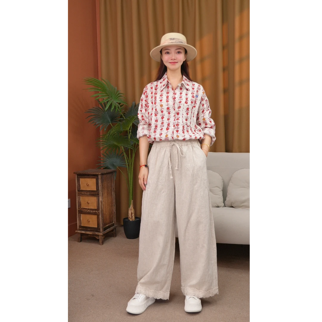 【阿贝贝】秋冬加棉加厚纯汉麻长裤百搭五颗星直筒显瘦显高蕾丝百搭