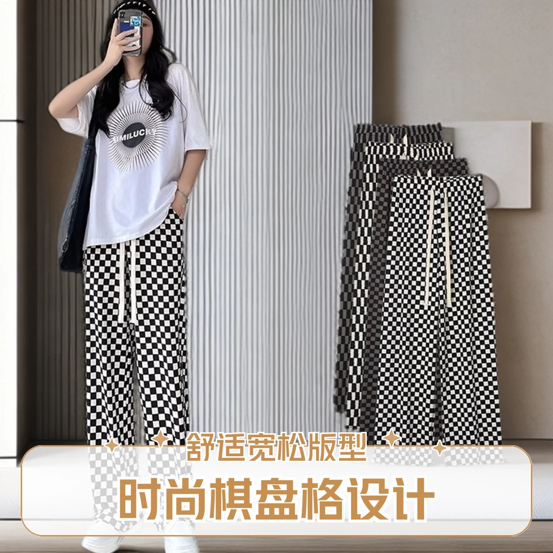 大码裤子女夏季薄款格子阔腿裤女胖mm宽松显瘦裤子胖mm显瘦款外穿