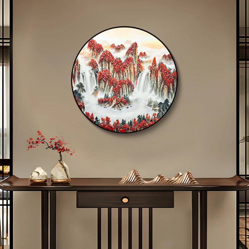 鸿运当头圆形装饰画玄关过道客厅壁画新中式进门山水画6060