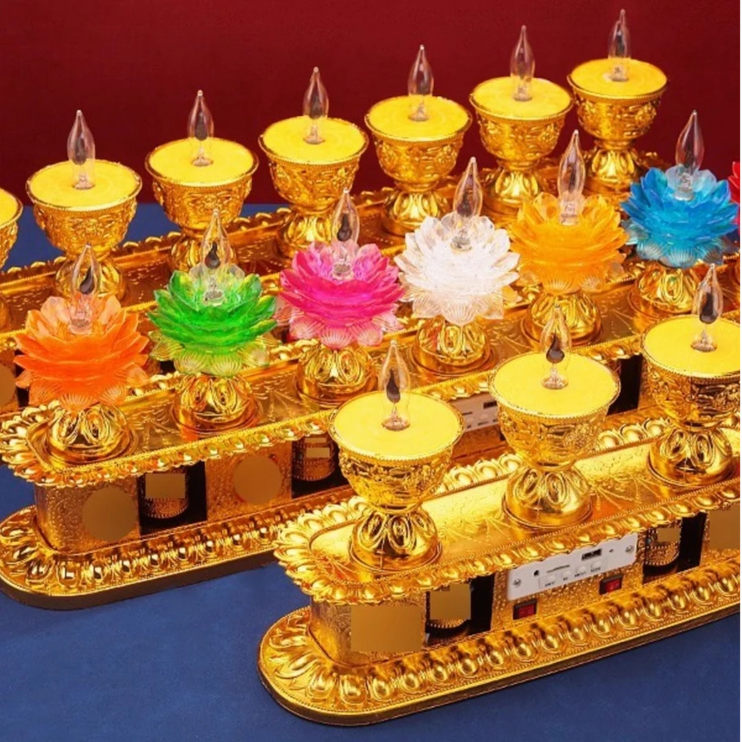 藏式插电电子酥油灯莲花灯闪烁双层灯三星七星灯家用供灯摆件