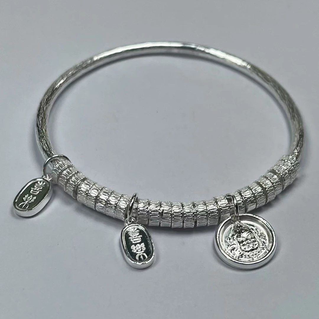 足银手镯 假一赔十足银9999盘缠闭口黄财神亮面手镯