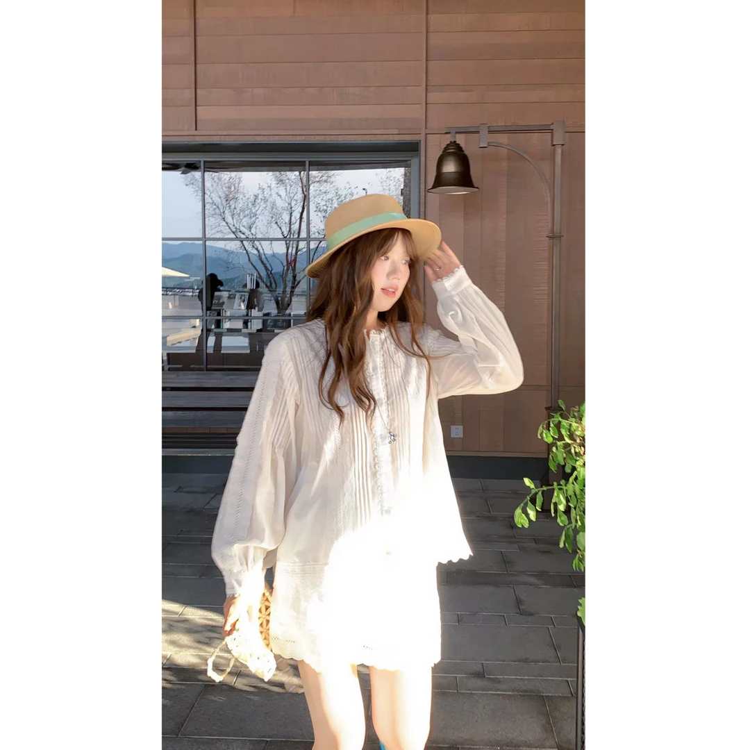 米米子“月光贝莉”定制白色褶皱花边衬衫蕾丝半裙套装显瘦夏季新款