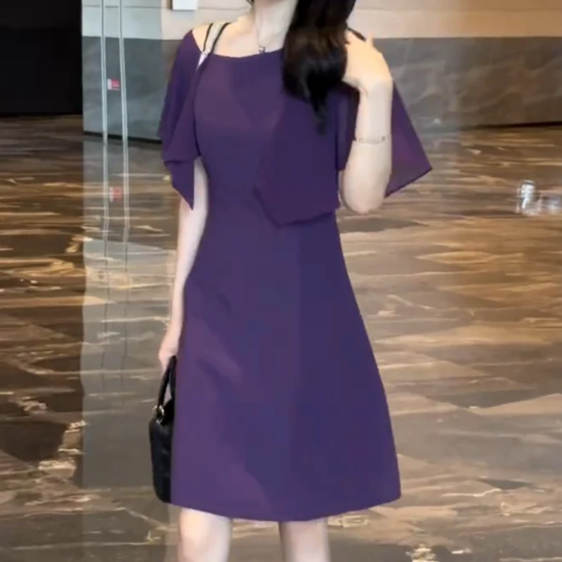初秋露肩圆领裙子收腰紫色慵懒时尚气质风显瘦连衣裙拼接款通勤风