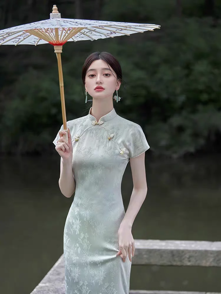 （月白）125长双层清新透气轻薄后拉链旗袍复古文艺显瘦少女气质