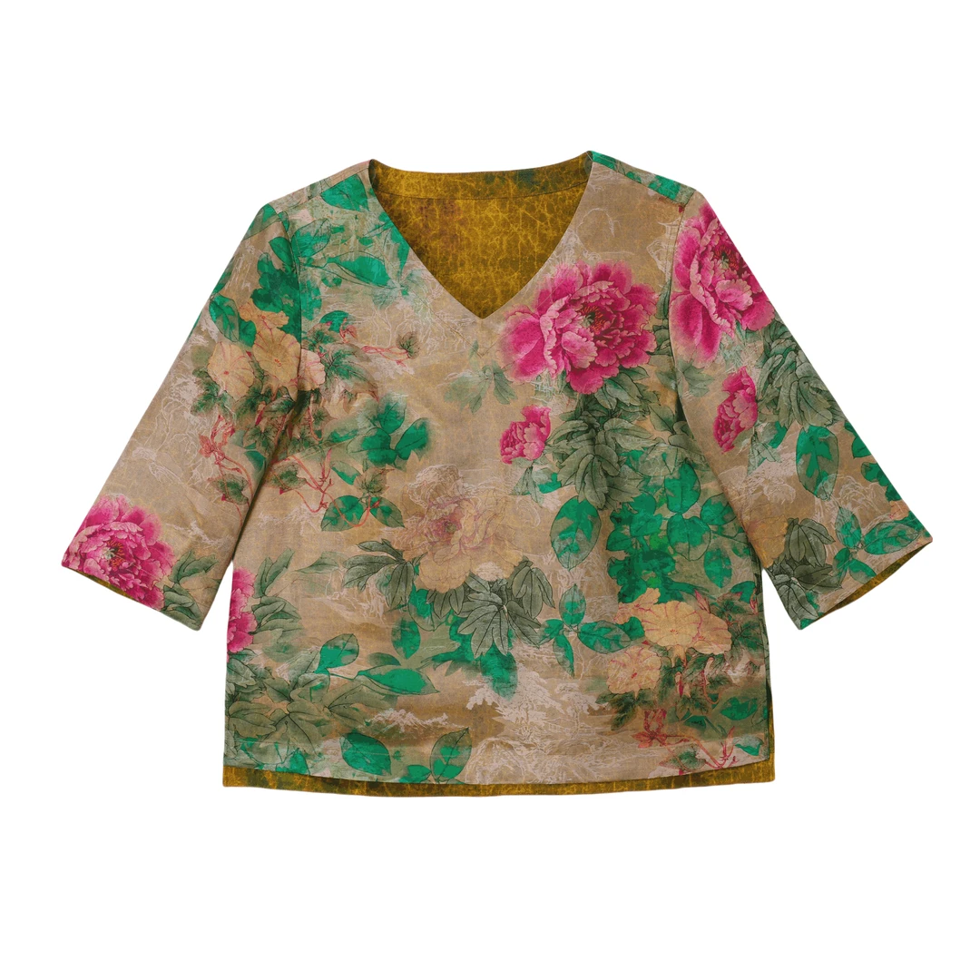 花翎-QS250189新中式香云纱V领短袖桑蚕丝上衣中国风国风气质