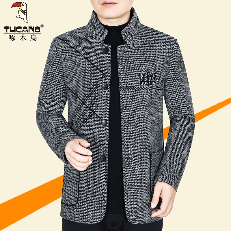 啄木鸟男士毛呢大衣2025春秋季新款中年商务休闲立领羊毛呢外套男