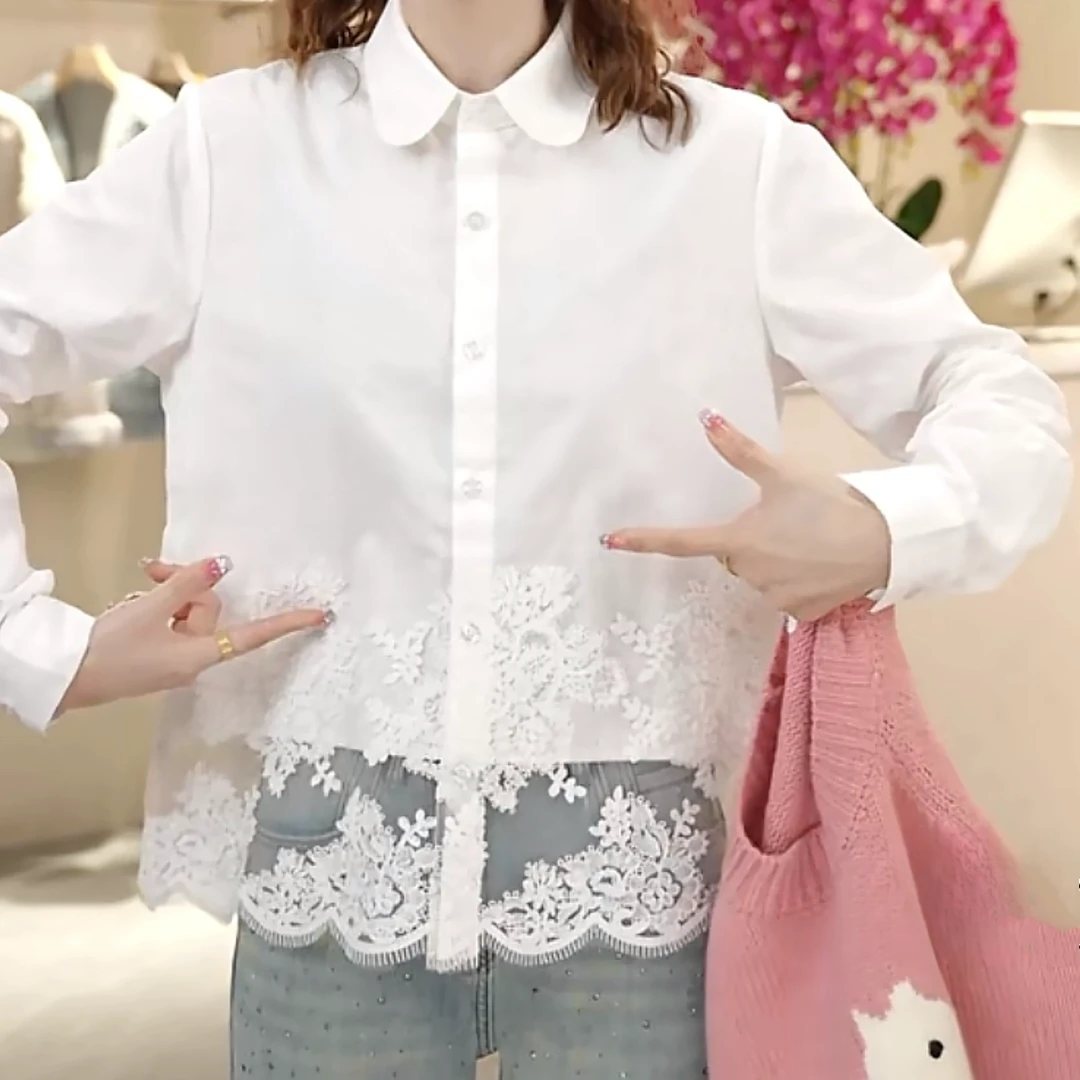 设计感小桃心领下摆镂空拼接蕾丝勾花工艺衬衫女2025春款白衬衣
