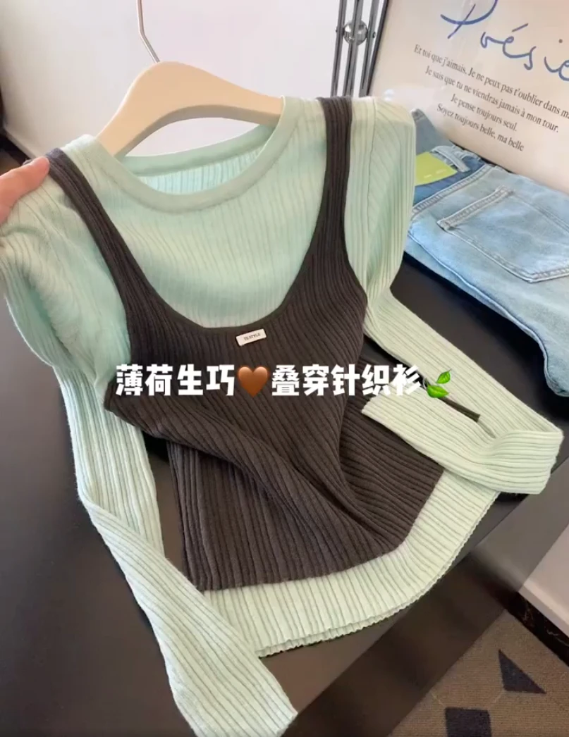 2025韩版早秋潮流新款针织长袖打底拼接撞色背心假两件修身上衣