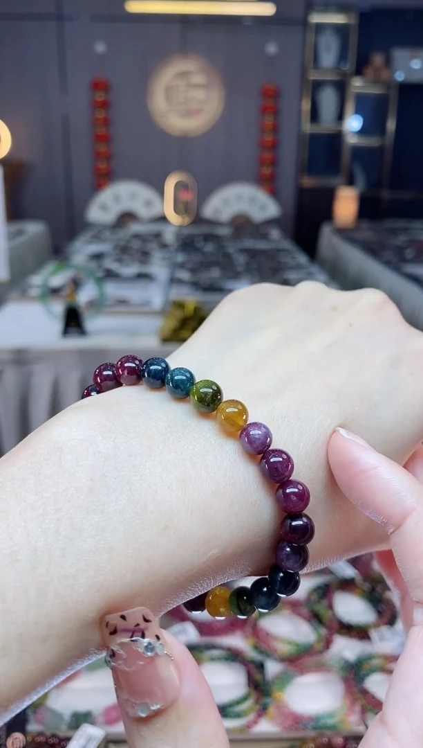 未镶嵌老矿碧玺色标彩虹单圈手串7mm+碧玺dan多样性发货一条