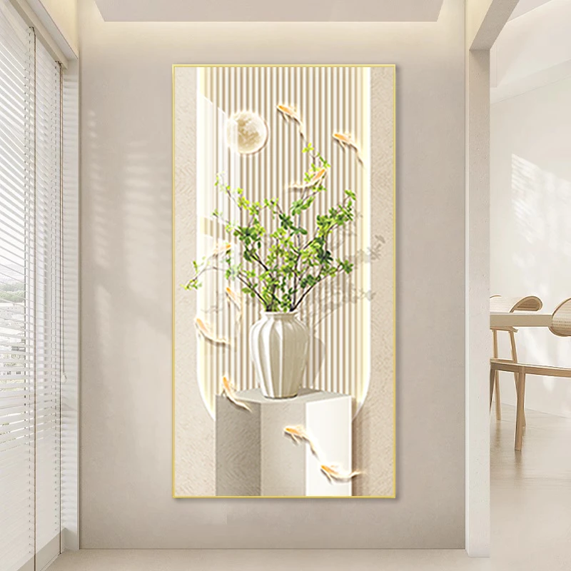 轻奢奶油风月色锦鲤九鱼送福绿植摆件玄关走廊手工晶瓷画TIF-0022