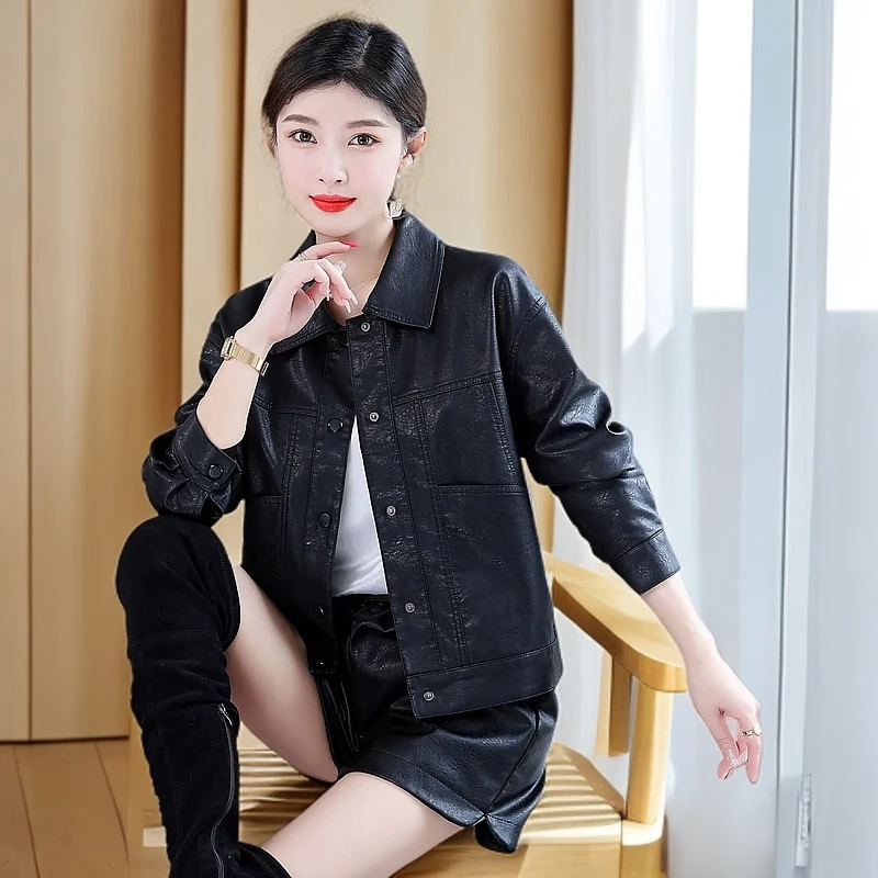 新款水洗皮洋气大口袋设计时尚机车皮衣春秋款时尚休闲皮衣-318