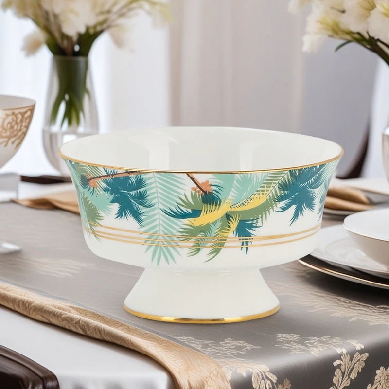 伊爱楒高档骨瓷釉上花纸描金工艺大供碗精美热带雨林高脚碗家用