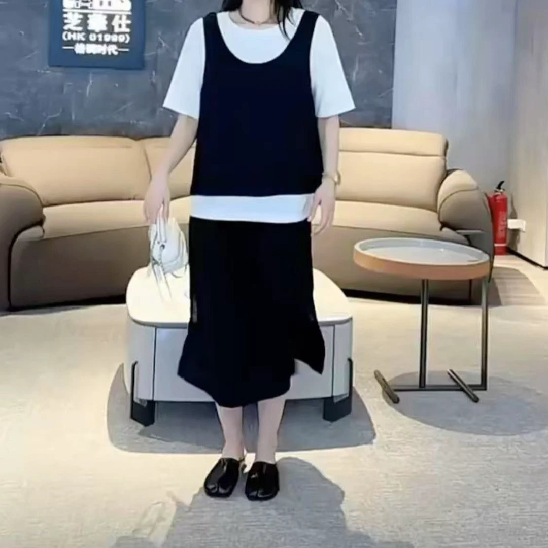 5963-三件套（马甲+半袖+半身裙）大码简约纯色套装100-210斤