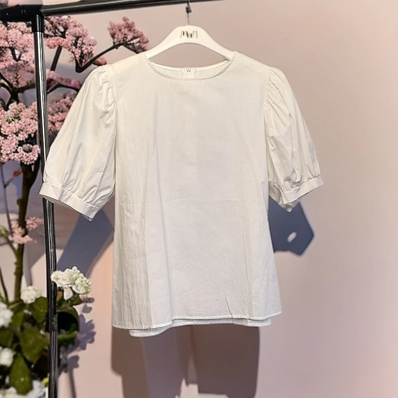 夏季法式白色简约款圆领半袖衬衫