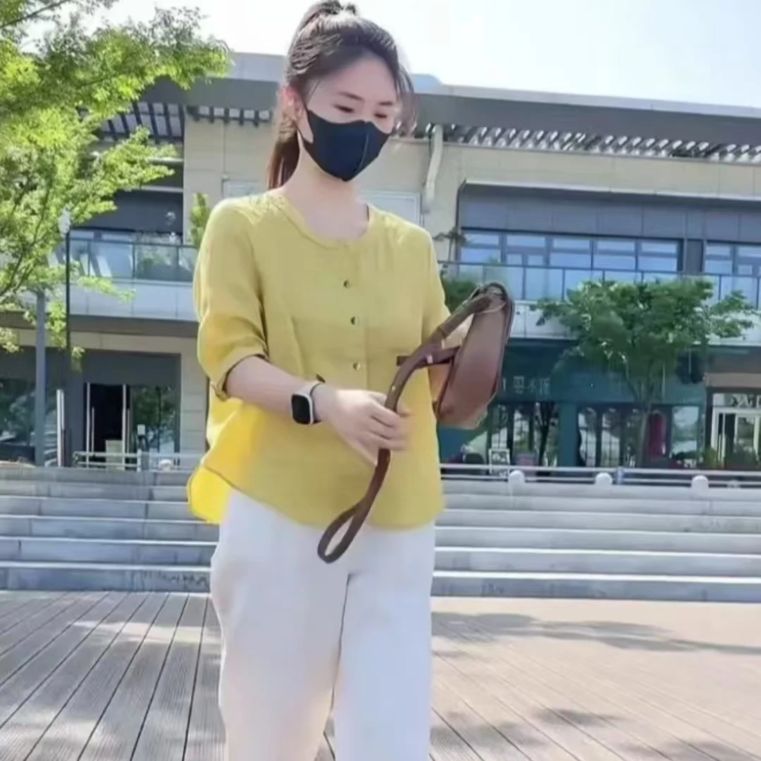 L2025百搭薄款质感洋气开衫气质显瘦时尚纯色半袖七分袖短款上衣