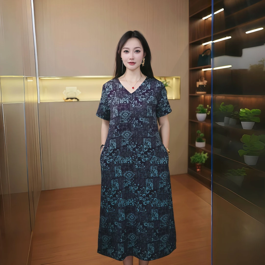 9942-夏季新款遮肉显瘦圆领透气时尚妈妈装大气优雅连衣裙【G仓】