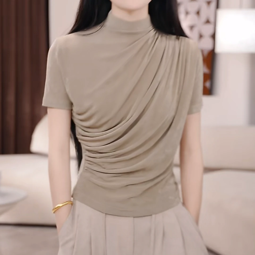 不规则褶皱立领短袖T恤女2025夏季新款印花百搭气质时尚通勤上衣
