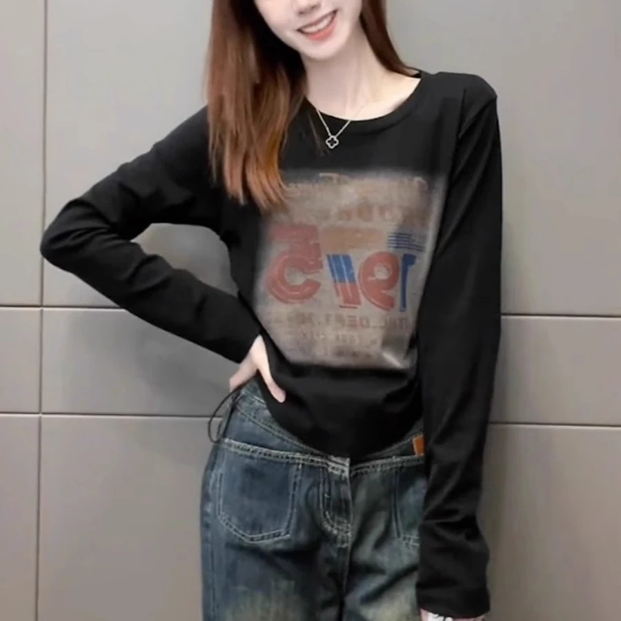 纯欲正肩修身收腰褶皱抽绳长袖t恤女打底衫2024新款春秋欧货上衣