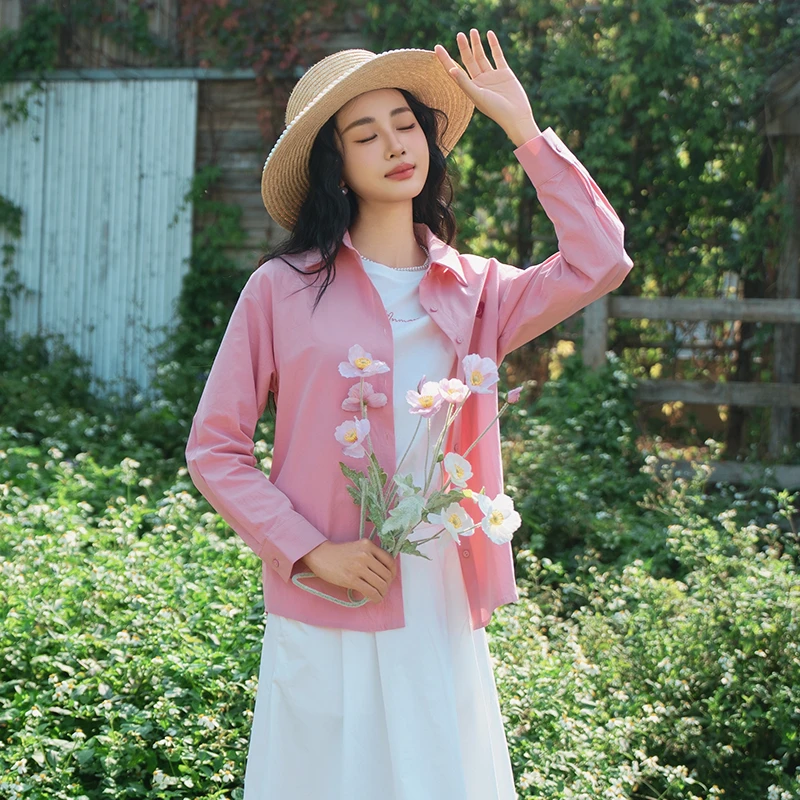 【清新粉梦】茵曼春季爱心长袖衬衫时尚通勤气质百搭纯棉F18518387