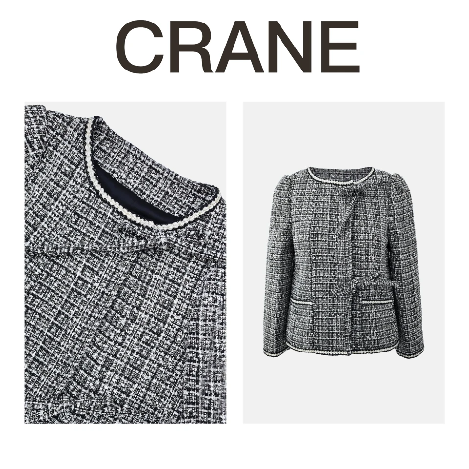 【CRANE】 新款春秋款大圆领小香风纽扣设计款千鸟格短款外套