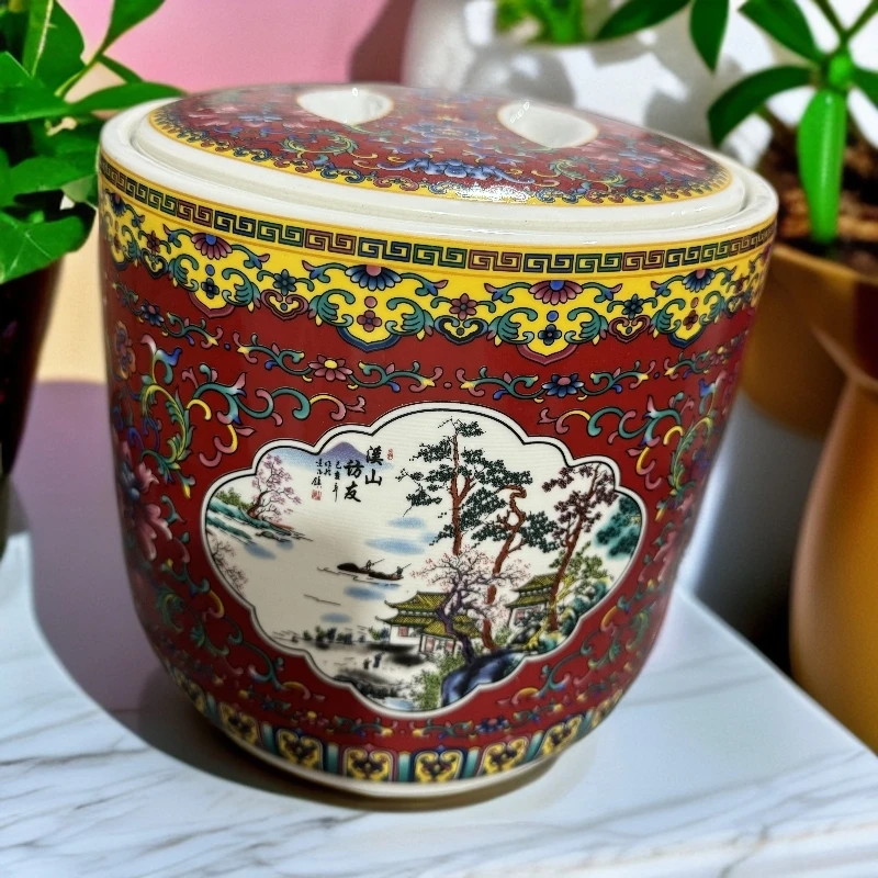 直径22高度21陶瓷珐琅彩两面开窗红色直筒罐236.