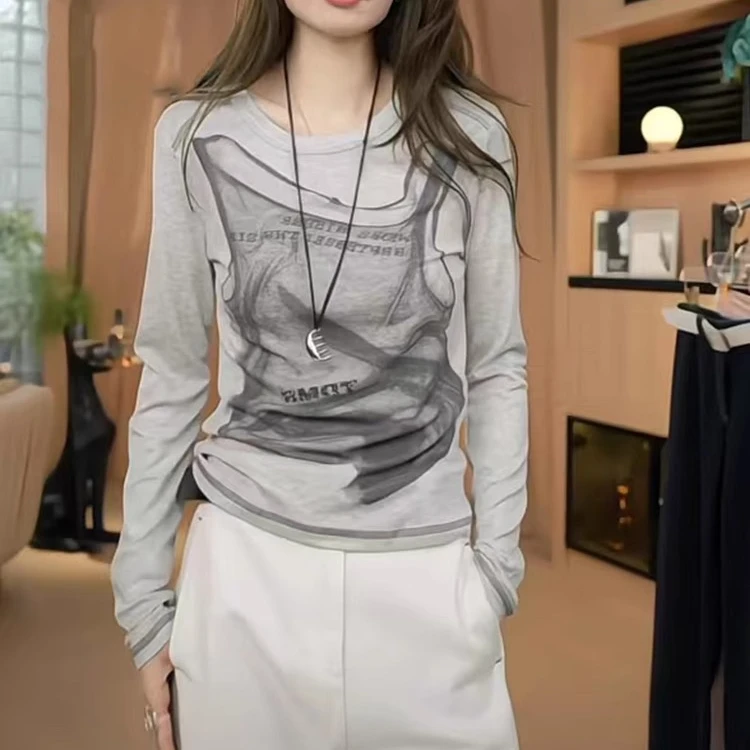 美式印花圆领长袖打底T恤女2025春季新款小个子宽松减龄洋气上衣