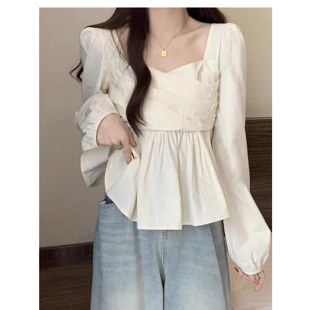法式气质方领泡泡袖衬衫女秋季小众设计感褶皱修身百搭裙摆上衣潮
