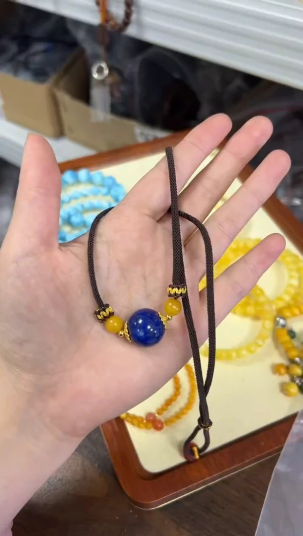 青金石银S925镶嵌颈饰青金石圆珠蜜蜡银锁骨链[1894]