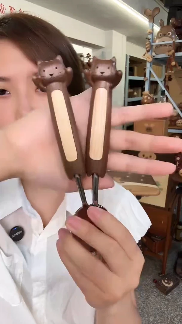 木猫咪不锈钢叉勺一对