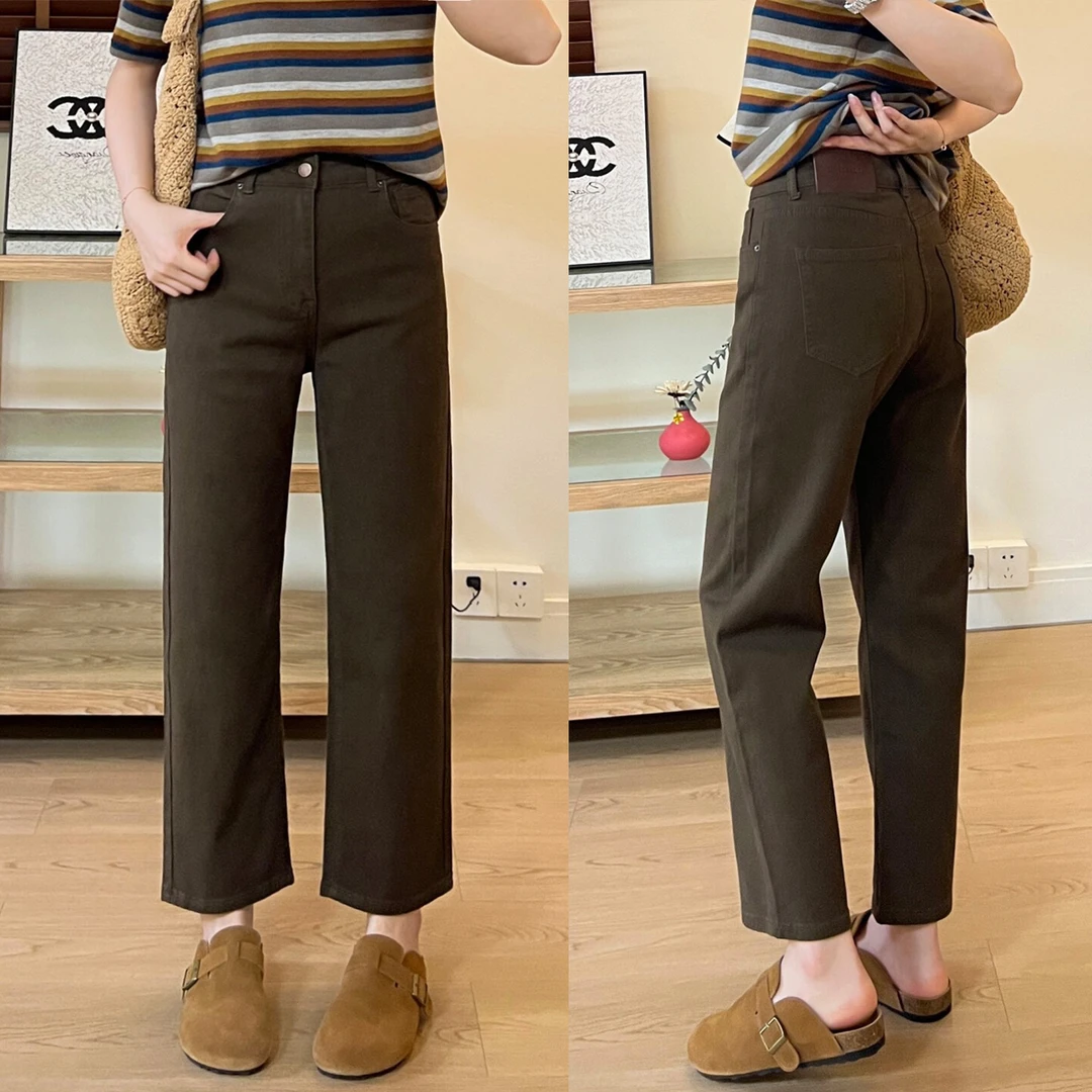 秋季咖色直筒牛仔裤女窄版高腰显瘦微胖大码百搭小个子烟管九分裤