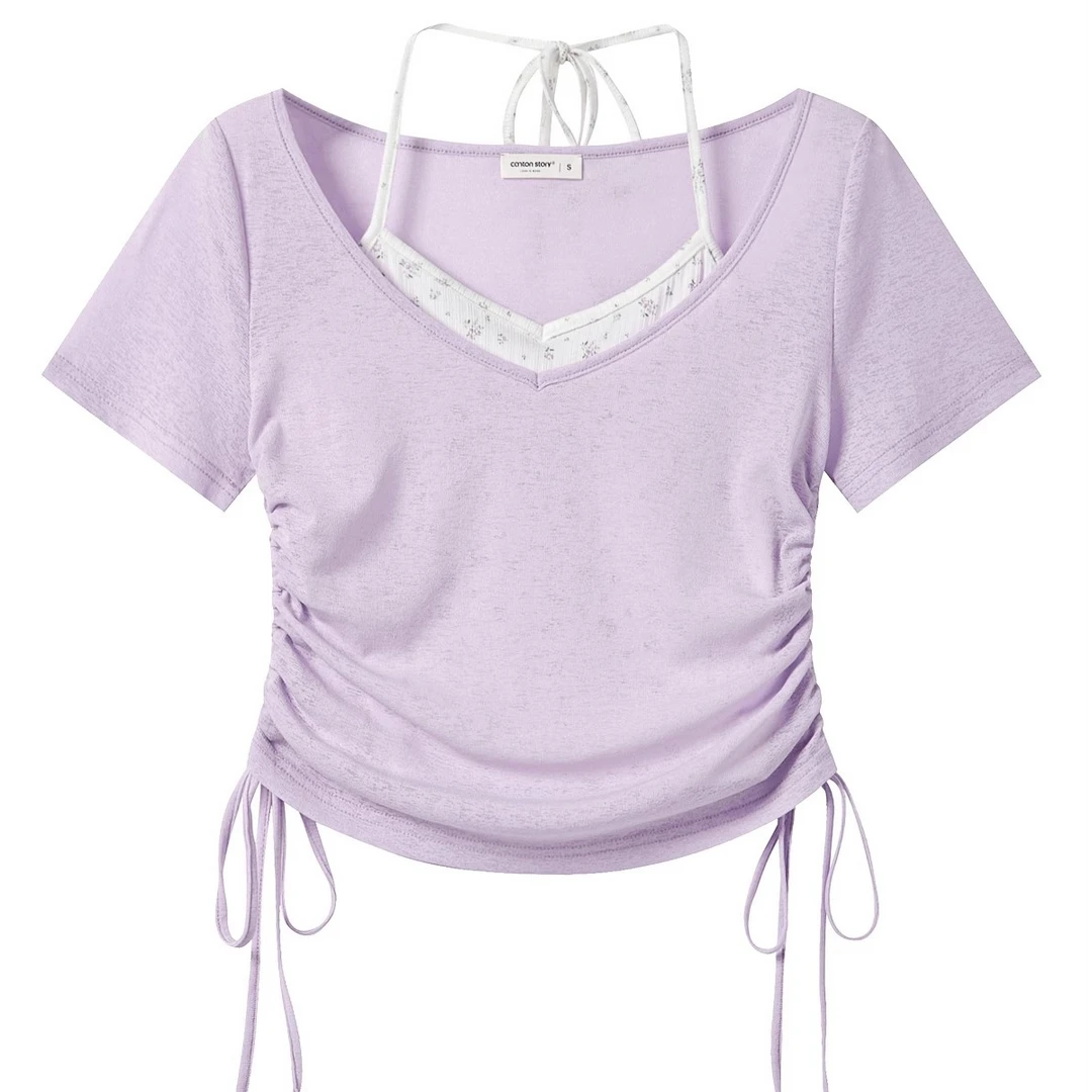 羊城故事-甜美挂脖T恤罩衫两件套装夏季显瘦短袖上衣Y50550271