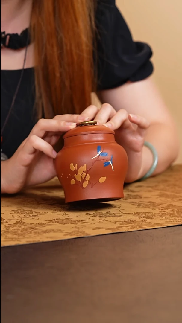 紫砂茶叶罐宜兴原矿紫砂泥绘茶叶罐