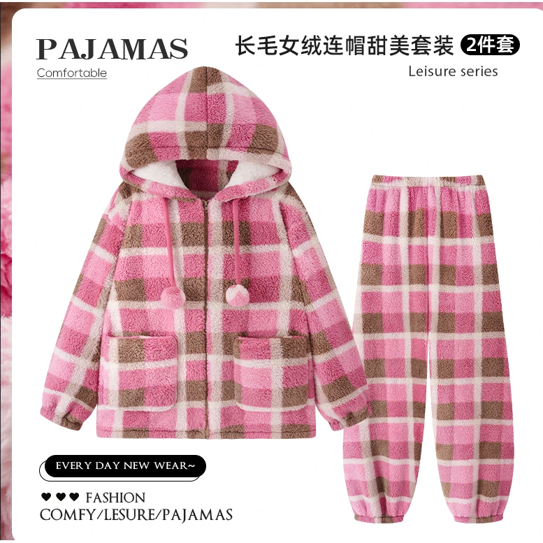 睡衣女款爆款2025新款加厚加绒连帽保暖家居服套装外穿睡衣女秋冬