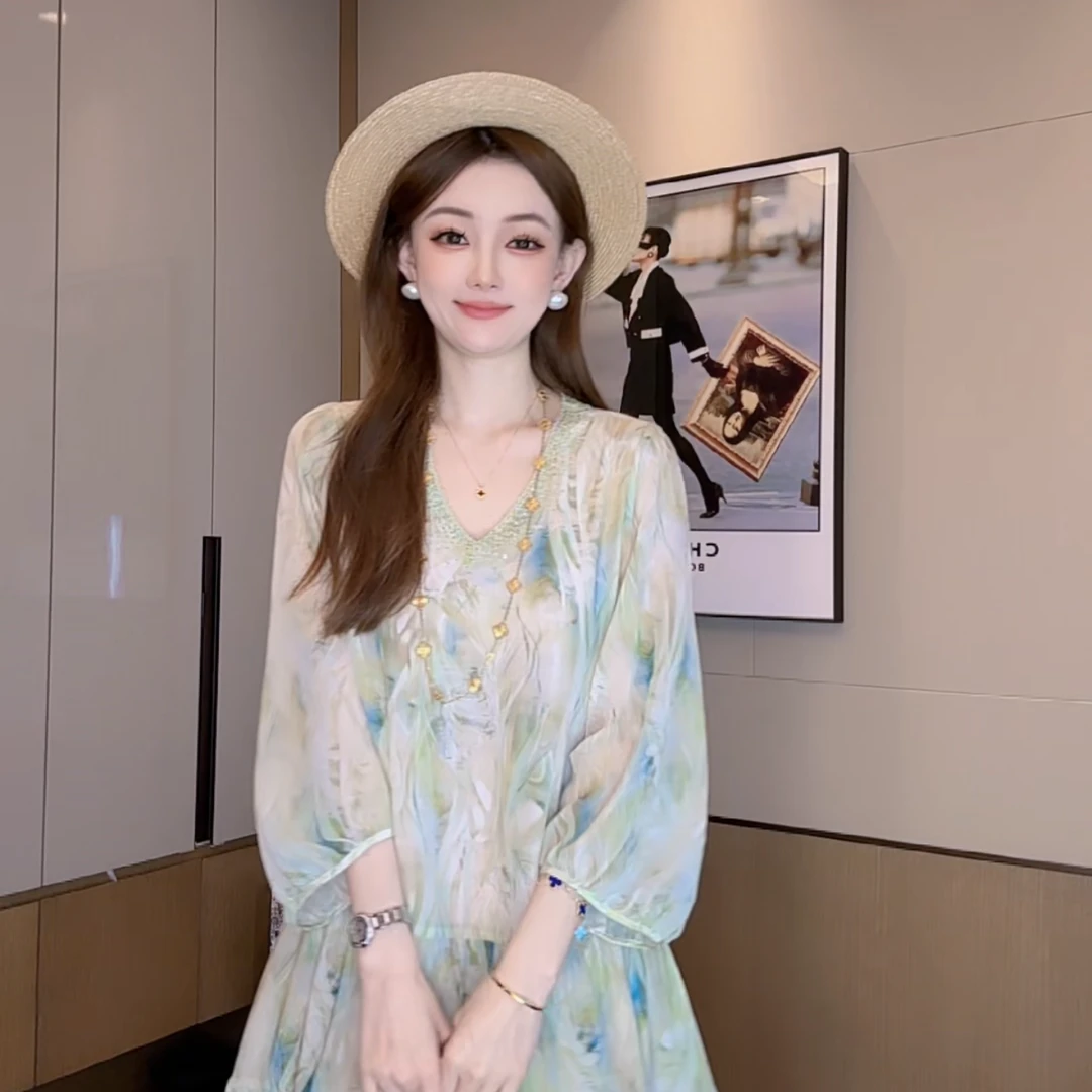 【丝芙玉禄】【S352】100%真丝气质印花重工烫钻桑蚕丝女装连衣裙