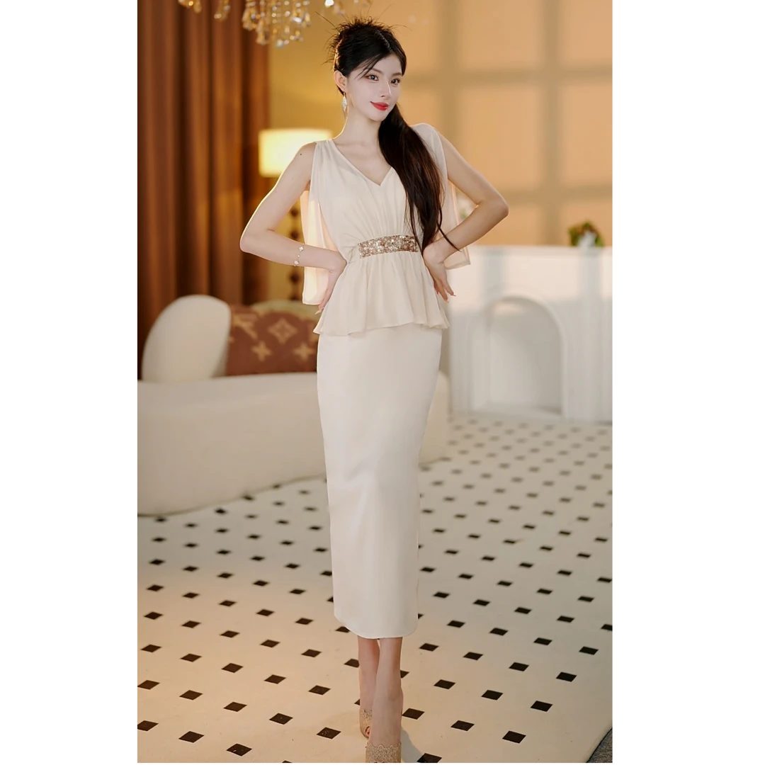 【Peng晓橙】新款气质网纱缎面修身米白收腰吊带连衣裙-DJ10194