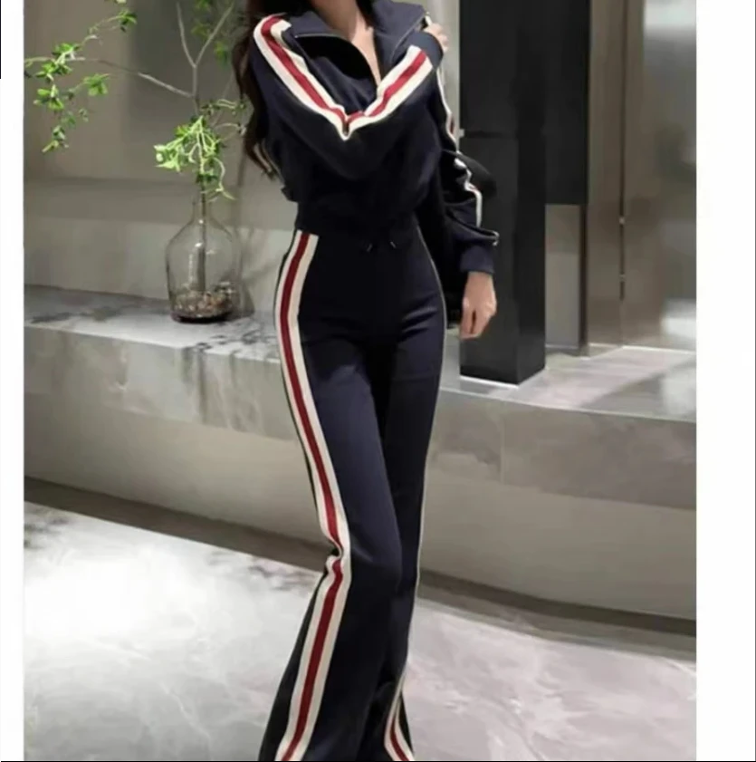2025秋冬新款休闲运动套装条纹拼接时尚显瘦拉链两件套3486#